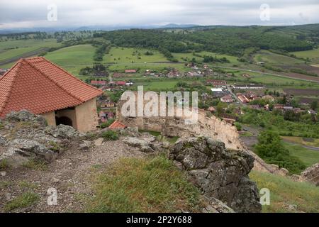 View of the town from inside the Cetatea Rupea (Rupea Fortress or Citadel) in Rupea, Romania Stock Photo