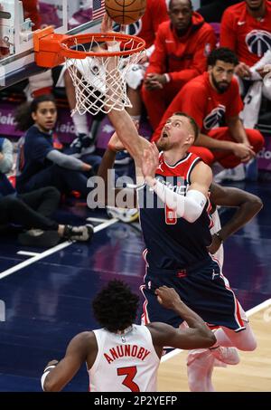 Washington, USA. 04th Mar, 2023. WASHINGTON, DC - MARCH 04: Washington Wizards center Kristaps Porzingis (6) takes a shot during a NBA game between the Washington Wizards and the Toronto Raptors, on March 04, 2023, at Capital One Arena, in Washington, DC. (Photo by Tony Quinn/SipaUSA) Credit: Sipa USA/Alamy Live News Stock Photo