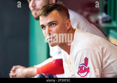 10 May 2015: A Cleveland Indians fan with a foam Chief Wahoo hat during the  game between the Minnesota Twins and Cleveland Indians at Progressive Field  in Cleveland, OH. Cleveland defeated Minnesota