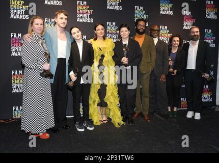 Los Angeles, USA. 04th Mar, 2023. Amy Jackson, Paul Mescal, Frankie Corio, Adele Romanski, Charlotte Wells, Blair McClendon, Barry Jenkins, Lia Buman and Mark Ceryak, winners of the Best First Feature award for 'Aftersun' pose in the press room during the 2023 Film Independent Spirit Awards on March 04, 2023 in Santa Monica, CA, USA (Photo by Sthanlee B. Mirador/Sipa USA) Credit: Sipa USA/Alamy Live News Stock Photo