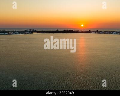 Late afternoon aerial sunset over St. Armands Key, Sarasota, Florida, and Sarasota Bay off the west coast of Florida. Stock Photo