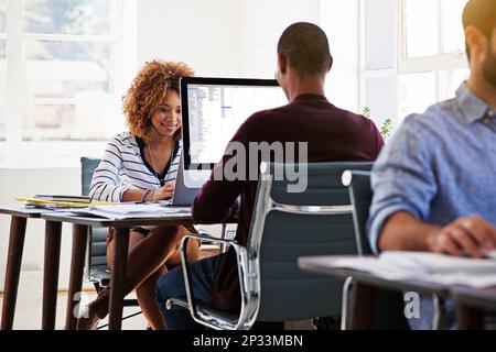 Business people, coworking in modern office and startup, typing for data capturing and analyst at finance company. Employees, productivity with Stock Photo