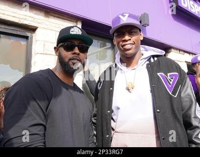 St. Louiis, United States. 04th Mar, 2023. Former professional basketball player Al Harrington (R) joins fellow former NBA player Larry Hughes with the Grand Opening of Hughes' store in St. Louis on Saturday, March 4, 2023. St. Louis native Hughes is opening up two medical marijuana dispensaries with the help of Harrington. Photo by Bill Greenblatt/UPI CORRECTION Credit: UPI/Alamy Live News Stock Photo