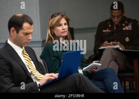 Tara Copp of the Associated Press asks Pentagon Deputy Press Secretary Sabrina Singh a question during a press briefing in the Pentagon Press Briefing Room, Washington, D.C., Jan. 19, 2023. Stock Photo