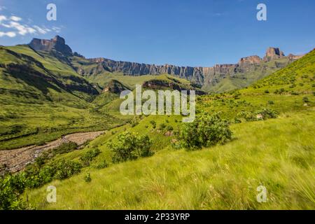 The Amphitheater on a clear sunny summer’s day in the Drakensberg ...