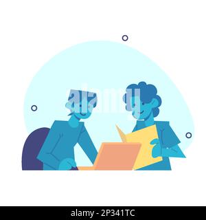 2 business people discussing in front of laptop and reading documents. Online customer service concept. Stock Vector