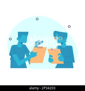 2 businessmen are discussing, and carrying documents. Online customer service concept. Stock Vector