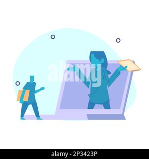businessman from inside a laptop, giving directions to his client. Online customer service concept. Stock Vector