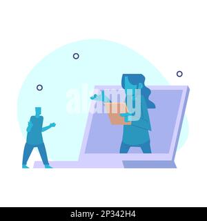 businessman from inside a laptop, giving directions to his client. Online customer service concept. Stock Vector