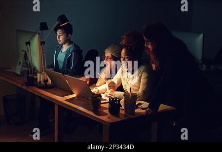 Coworking office, computer reading and team review web design, cloud computing software or app UI system. Website SEO teamwork, media analytics Stock Photo