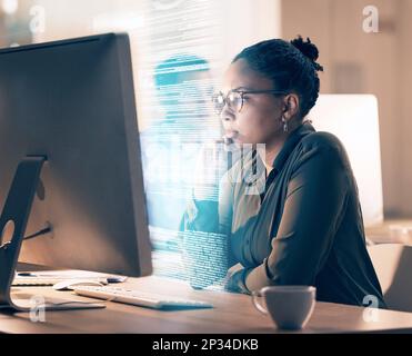 Overlay, programming and code with a black woman developer thinking while working on a ux, ai or 3d interface. Computer, software and data with a Stock Photo