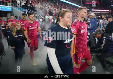 St. Louis, United States. 04th Mar, 2023. Members St. Louis City SC walk to the field with young fans for the inaugural game at the new Citypark in St. Louis on March 4, 2023. Photo by Bill Greenblatt/UPI Credit: UPI/Alamy Live News Stock Photo