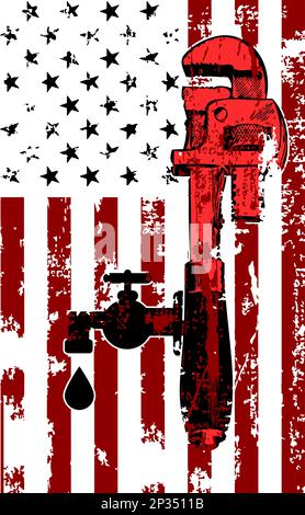 Illustration of an American plumber flag. Wrench viewed from the side and water tap with drop with USA flag Stock Vector