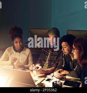 College teamwork, laptop and night students working on web search for university research, digital IT database or project. Education learning, school Stock Photo