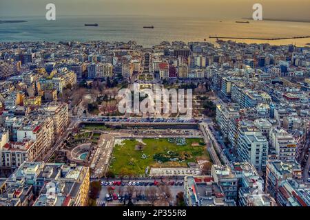 Aerial view of Roman Forum (Ancient Agora) of Thessaloniki and the famous Aristotelous square in Thessaloniki city, Greece. The square is a popular sp Stock Photo