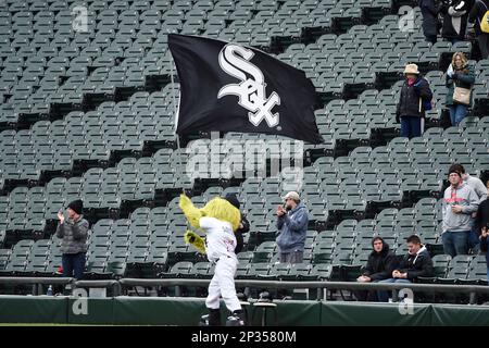 CHICAGO, IL- APRIL 9: Southpaw, the Chicago White Sox mascot entertains  fans in between innings during the game between the Tampa Bay Rays against  the Chicago White Sox at U.S. Cellular Field