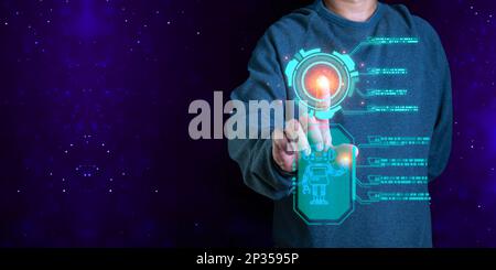 Man are working and bringing AI to help them work on computers. Stock Photo