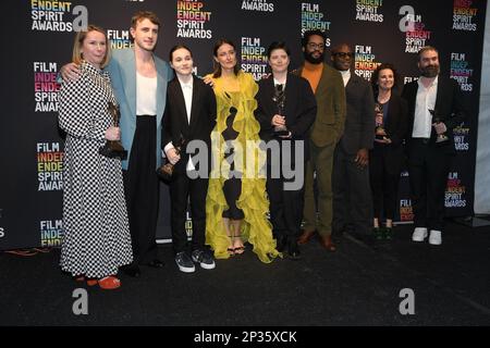 Los Angeles, USA. 04th Mar, 2023. Amy Jackson, Paul Mescal, Frankie Corio, Adele Romanski, Charlotte Wells, Blair McClendon, Barry Jenkins, Lia Buman and Mark Ceryak, winners of the Best First Feature award for 'Aftersun' pose in the press room during the 2023 Film Independent Spirit Awards on March 04, 2023 in Santa Monica, CA, USA (Photo by Sthanlee B. Mirador/Sipa USA) Credit: Sipa USA/Alamy Live News Stock Photo