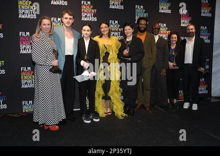 Los Angeles, USA. 04th Mar, 2023. Amy Jackson, Paul Mescal, Frankie Corio, Adele Romanski, Charlotte Wells, Blair McClendon, Barry Jenkins, Lia Buman and Mark Ceryak, winners of the Best First Feature award for 'Aftersun' pose in the press room during the 2023 Film Independent Spirit Awards on March 04, 2023 in Santa Monica, CA, USA (Photo by Sthanlee B. Mirador/Sipa USA) Credit: Sipa USA/Alamy Live News Stock Photo