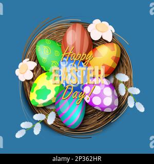 Cute nest with eggs for easter decorated with flowers Stock Vector