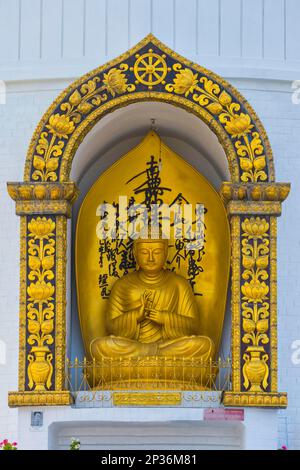 Buddha image, World Peace Pagoda, Japanese Buddhist temple, Pokhara Valley, Nepal Stock Photo