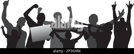 Sports fans, cheering crowd vector silhouettes isolated on white background. Fully editable Stock Vector