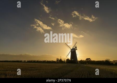 View of tower mill silhouetted in late evening, Burnham Overy Staithe windmill, Burnham Overy Staithe, Norfolk, England, United Kingdom Stock Photo