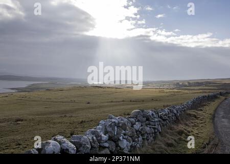 View from the west side of the land along Loch Gruinart. Dry stone wall Stock Photo