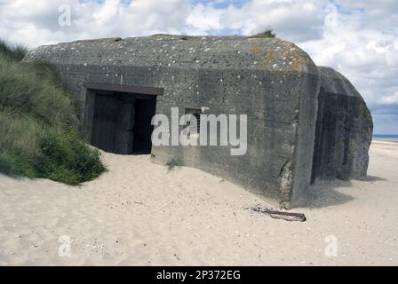 German World War Two gun casement on beach, The Atlantic Wall, Utah Beach, Cotentin Peninsula, Manche, Normandy, France Stock Photo