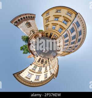 Little planet and spherical aerial 360 panorama view on street ancient medieval city with church and historic buildings Stock Photo