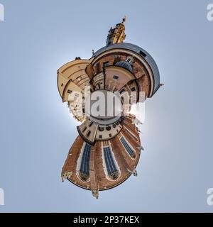 Little planet and spherical aerial 360 panorama view on street ancient medieval city with church and historic buildings Stock Photo