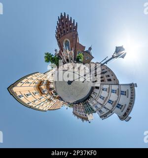 Little planet and spherical aerial 360 panorama view on street ancient medieval city with church and historic buildings Stock Photo