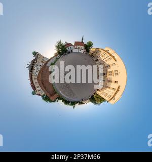 Little planet and spherical aerial 360 panorama view on street ancient medieval city with church and historic buildings Stock Photo