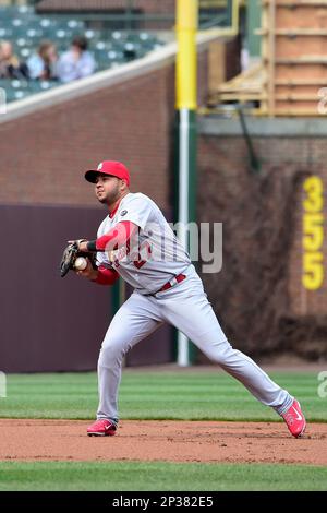 15 APR 2015: St. Louis Cardinals' Jhonny Peralta, left, strps back