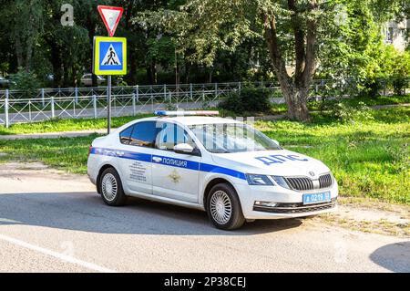 Valdai, Russia - August 6, 2022: Russian police patrol vehicle parked on the city street in summer day Stock Photo