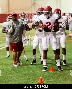 Alabama running backs coach Burton Burns works with Alabama