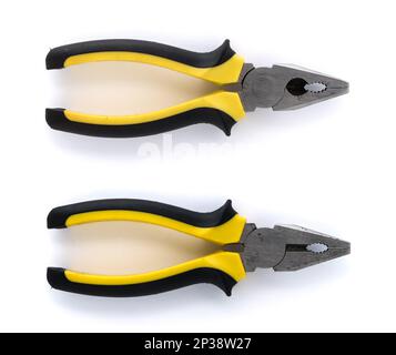 Used combination pliers isolated on white background, front and back view Stock Photo