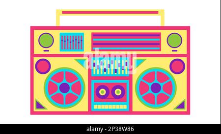 Neon retro cassette tape recorder Retro cartoon vector illustration on white background. Stock Vector