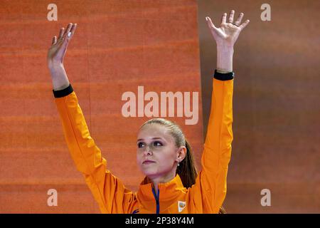 ISTANBUL - Britt Weerman during the high jump ceremony on the fourth and final day of the European Athletics Indoor Championships in Turkey. ANP RONALD HOOGENDOORN Stock Photo