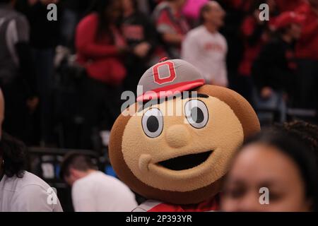 Minneapolis, Minnesota, USA. 4th Mar, 2023. Brutus the Buckeye at the end of Indiana versus Ohio State on Friday March 3rd at the 2023 Big Ten Women's Basketball Tournament Semifinals in Minneapolis, Minnesota. Ohio State won 79-75. (Credit Image: © Steven Garcia/ZUMA Press Wire) EDITORIAL USAGE ONLY! Not for Commercial USAGE! Stock Photo