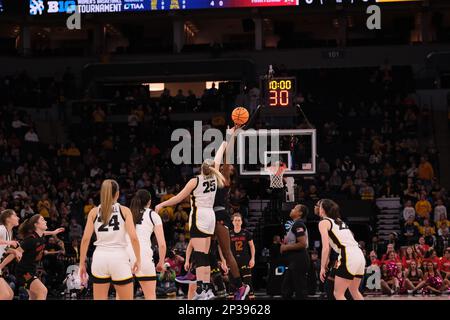 Minneapolis, Minnesota, USA. 4th Mar, 2023. Tip off of the first half of Iowa versus Maryland on Saturday March 4th at the 2023 Big Ten Women's Basketball Tournament Semifinals in Minneapolis, Minnesota. Iowa won 89-84 (Credit Image: © Steven Garcia/ZUMA Press Wire) EDITORIAL USAGE ONLY! Not for Commercial USAGE! Stock Photo