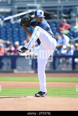 San Diego Padres' Odrisamer Despaigne pitches against the Miami Marlins in  the first inning of a baseball game, Saturday, Aug. 1, 2015, in Miami. (AP  Photo/Alan Diaz Stock Photo - Alamy
