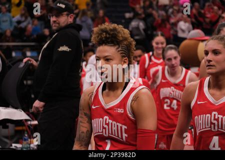 Minneapolis, Minnesota, USA. 4th Mar, 2023. Ohio State Buckeyes guard RIKKI HARRIS (1) at the end of Indiana versus Ohio State on Friday March 3rd at the 2023 Big Ten Women's Basketball Tournament Semifinals in Minneapolis, Minnesota. Ohio State won 79-75. (Credit Image: © Steven Garcia/ZUMA Press Wire) EDITORIAL USAGE ONLY! Not for Commercial USAGE! Stock Photo