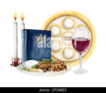 Watercolor Passover seder composition with traditional meal, red wine glass, Haggadah and candles. Jewish illustration for Pesach greeting card Stock Photo