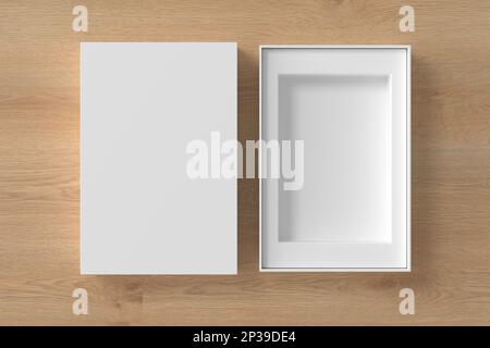Open box packaging mockup on wooden background. Template for your design Stock Photo