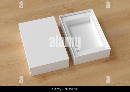 Open box packaging mockup on wooden background. Template for your design Stock Photo