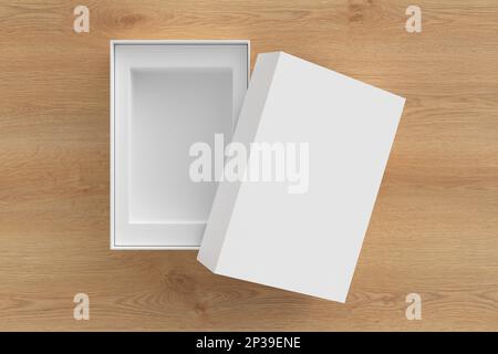 Open box packaging mockup on wooden background. Template for your design Stock Photo