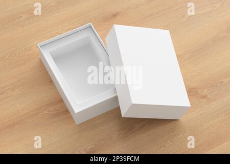 Open box packaging mockup on wooden background. Template for your design Stock Photo