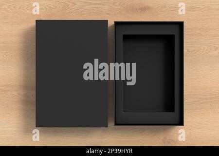 Open black box packaging mockup on wooden background. Template for your design Stock Photo