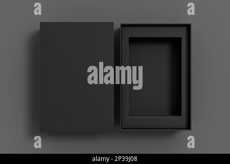Open black box packaging mockup on gray background. Template for your design Stock Photo
